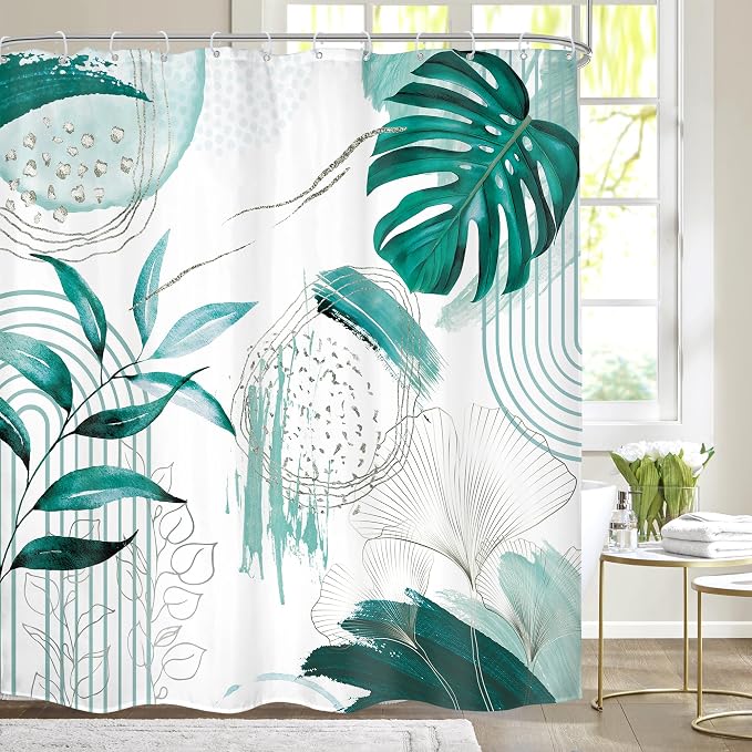 Green Boho Shower Curtain 72Wx72H Bohemian Modern Abstract Teal Tropical Palm by MitpokBrand