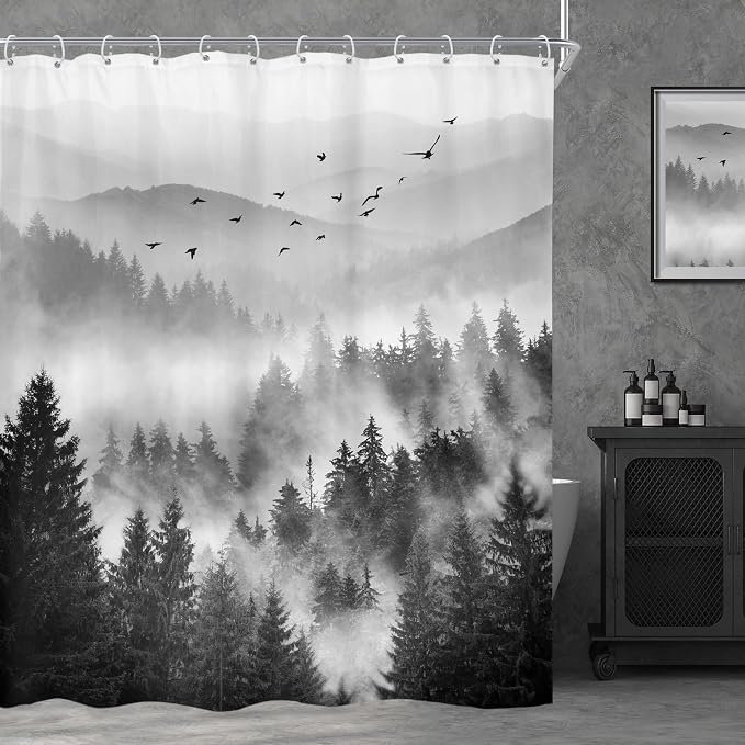 Riyidecor Extra Long Black and White Shower Curtain 72Wx78H Inch Foggy Scene by Riyidecor