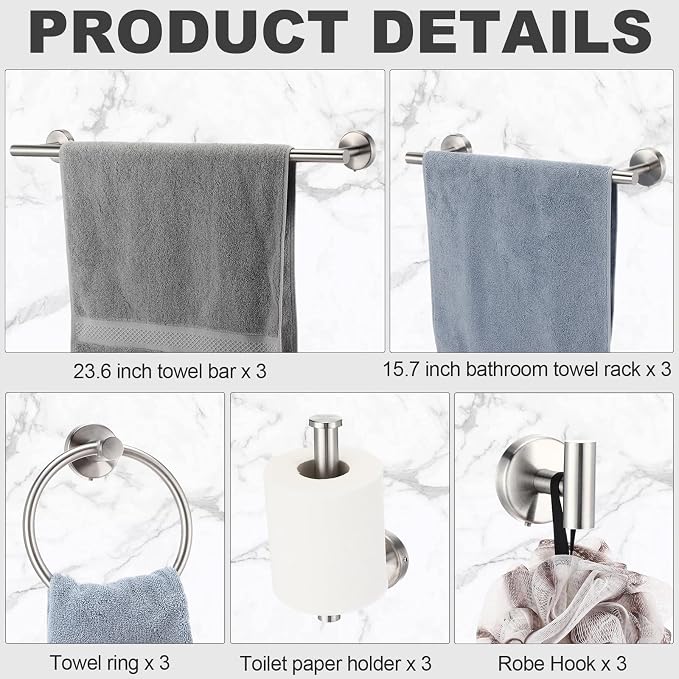 Gisafai 25 Pcs Bathroom Hardware Set, 23.6 Inch Brushed Towel Bar Ring Toilet - Image 3