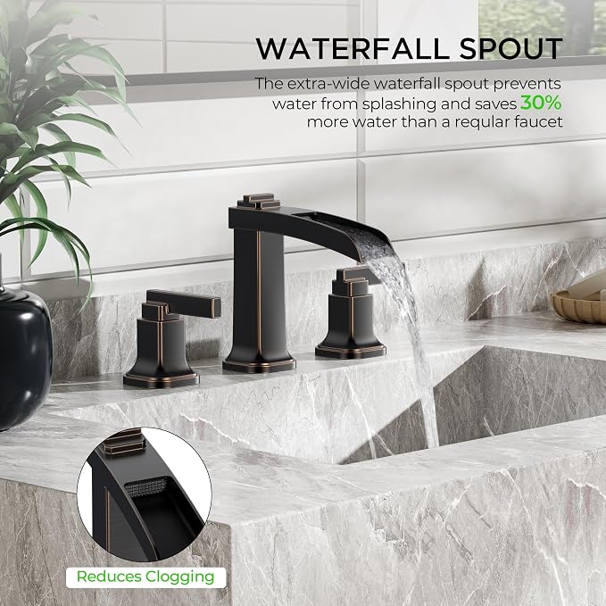 FORIOUS Brass Bathroom Faucets 3 Hole, Modern Waterfall Widespread 8 Inch Oil - Image 3