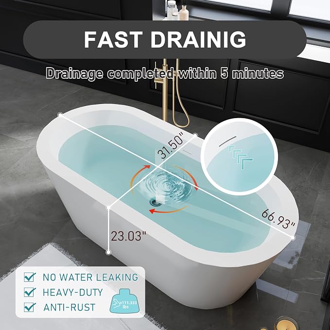 67" Acrylic Freestanding Bathtubs, Stand Alone Tub, Soaking Tubs - Image 2