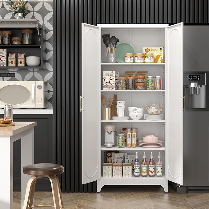 Kitchen Pantry Cabinet, 75 Inch White Metal Storage Cabinet - Image 2
