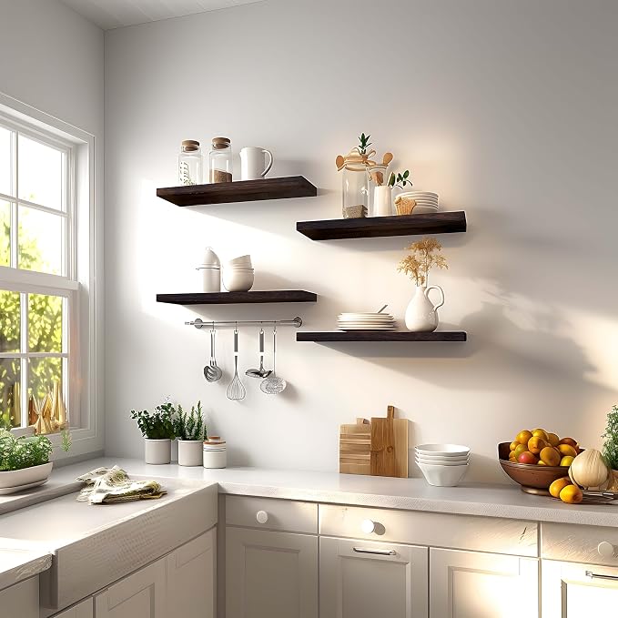 Brown Wood Floating Shelves for Wall Rustic Wall Shelves for Bedroom Set of 6 - Image 6