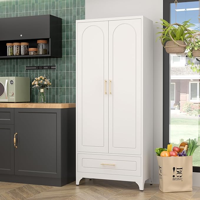 Metal Storage Cabinet with Drawers, 75Inch White Pantry Cabinets - Image 7