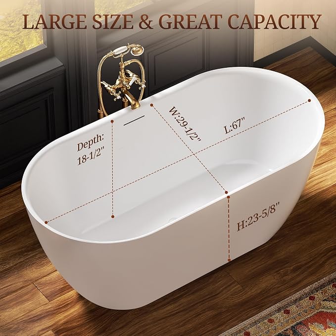 67" Acrylic Freestanding Bathtub, Deep Soaking Tub - Image 6