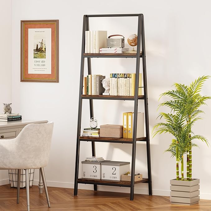 Homeiju 4-Tier Leaning Ladder Bookshelf, Rustic and Wood Ladder Shelf Bookcase - Image 2