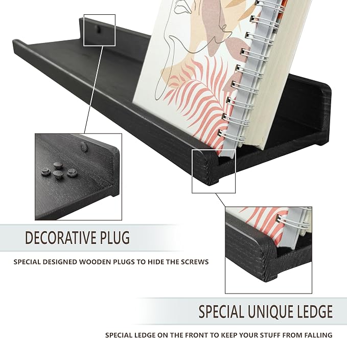 Wood Wedge Floating Shelves for Wall 24 inch, Photo & Picture Ledge, Kids Book - Image 3