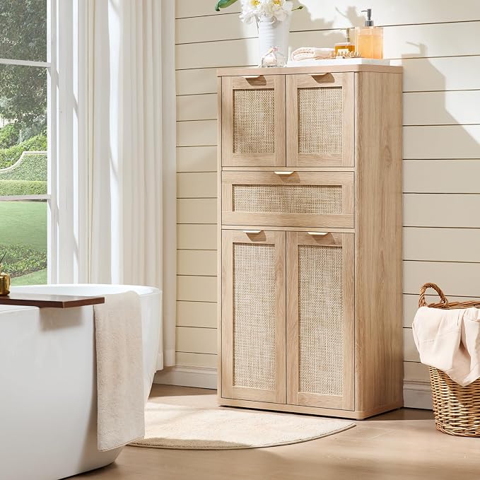 LEYAOYAO 48" Tall Storage Cabinet, Rattan Bathroom Floor Cabinets - Image 6