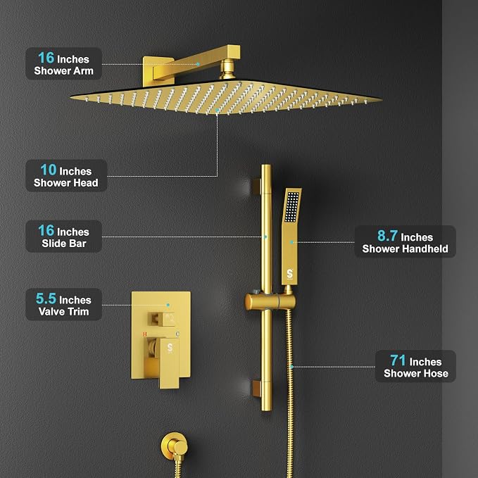 SR SUN RISE 12 Inch Brushed Gold Shower Faucet Set, Wall-Mount Adjustable - Image 5