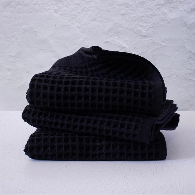 PÜSKÜL Organic Waffle Hand & Kitchen Towel 100% Turkish Cotton Set of 3 Black - Image 6