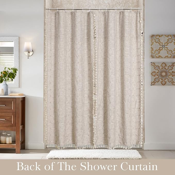 MitoVilla Tan Boho Double Swag Shower Curtain, Polyester Linen Fabric Shower - Image 2
