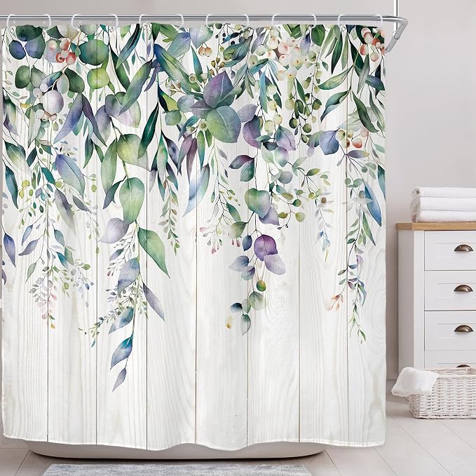 Riyidecor Teal Shower Curtain for Bathroom Decor 72Wx72H Eucalyptus Leaves - Image 2