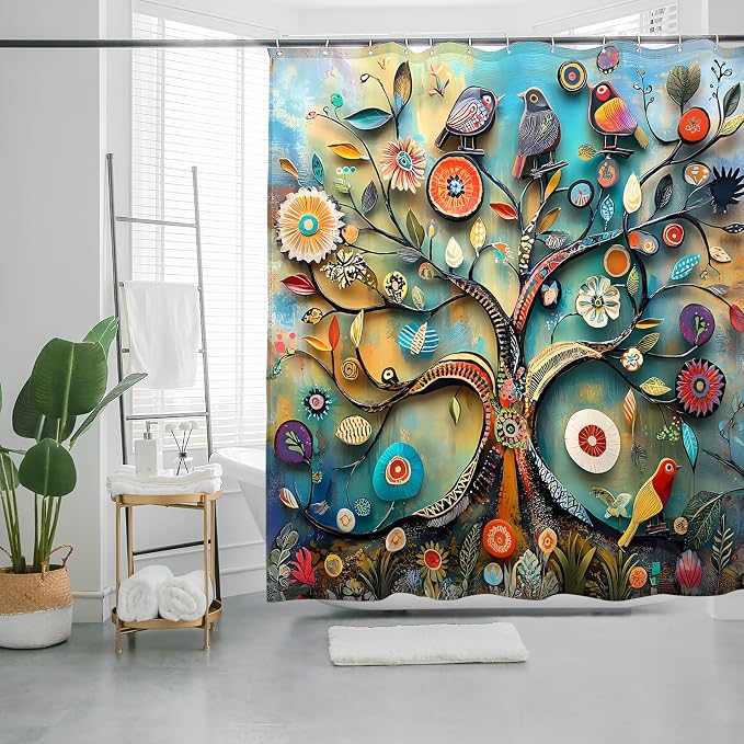 Bohemian Shower Curtain, Boho Floral Print Water Repellent Polyester Fabric - Image 4