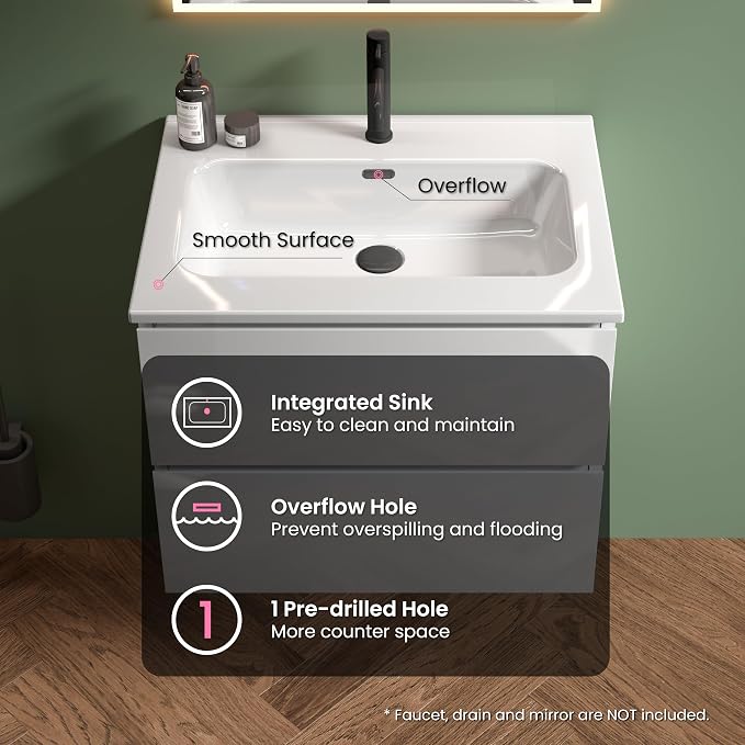 24" Bathroom Vanity with Sink, Modern Floating Vanity with Double Soft Closing - Image 4
