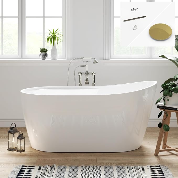 FerdY Lana'i 60" Freestanding Bathtub, Gracefully Shaped Freestanding Soaking by FerdY