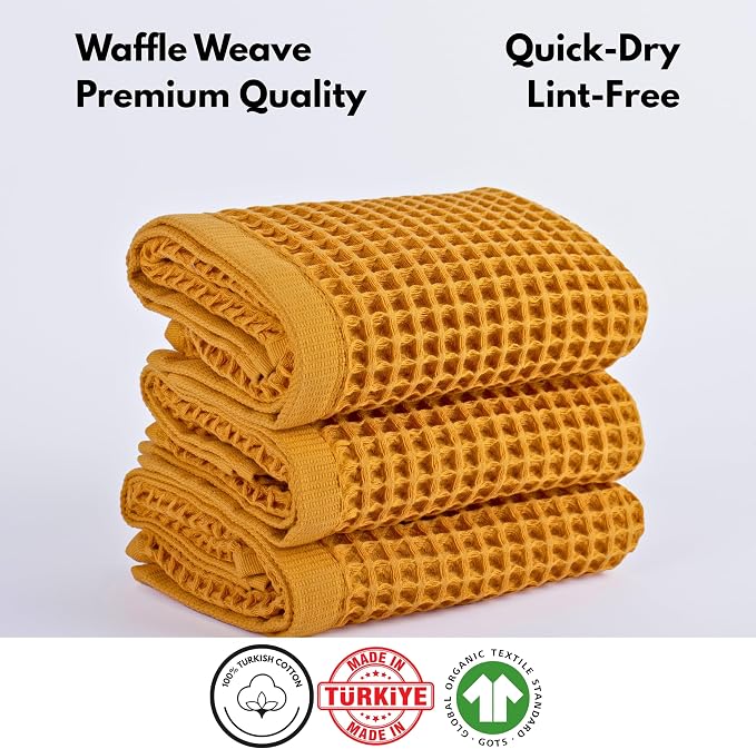 PÜSKÜL Organic Waffle Kitchen Towel 100% Turkish Cotton Set of 3 Mustard Yellow - Image 4