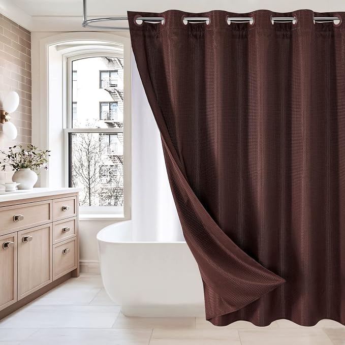 MitoVilla No Hooks Need Brown Waffle Shower Curtain Liner Set, Modern Waffle by MitoVilla