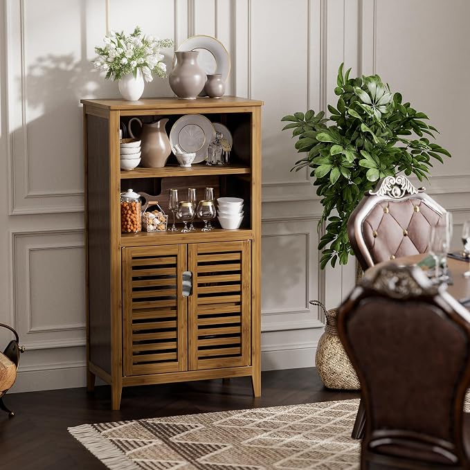 HITNET Walnut Bathroom Floor Cabinet, Bamboo Side Tall Storage Organizer - Image 7