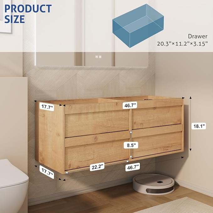 eclife 48" Floating Bathroom Vanity Sink Combo, Wall Mounted Modern Minimalist - Image 2