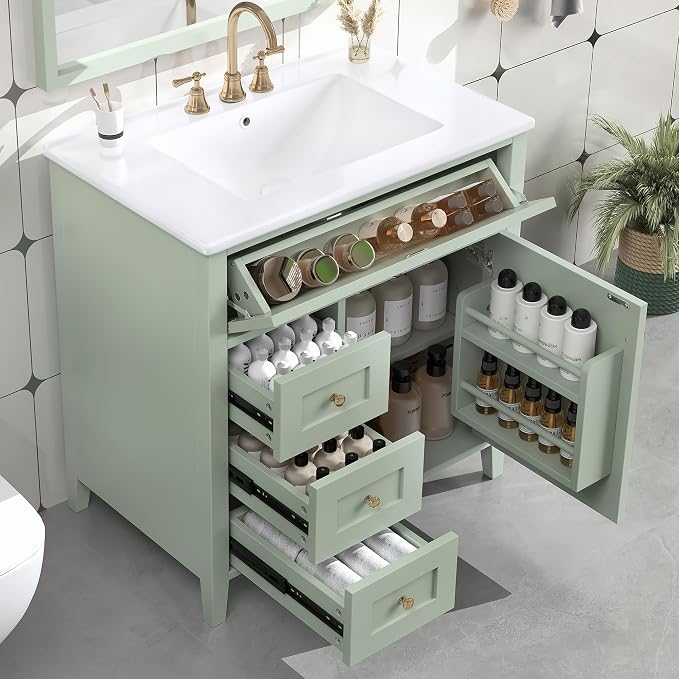 30" Bathroom Vanity with Sink Combo, Tip-Out Drawer, Solid Wood & MDF Modern by Virubi