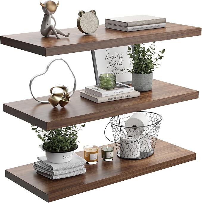 Wall Shelf Set of 3, Walnut Floating Shelves 30 in W x 10 in D x 1 in H by Home