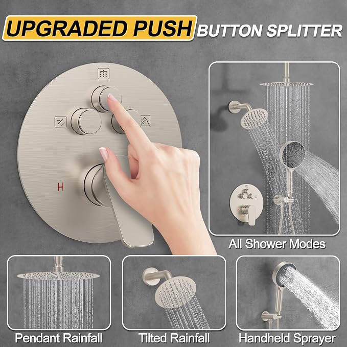 Shower Faucet Set Brushed Nickel Shower System, 12 Inch Ceiling Rain Shower Head - Image 4
