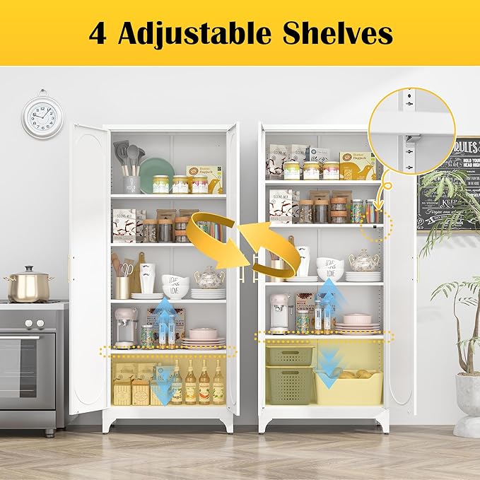 Kitchen Pantry Cabinet, 75 Inch White Metal Storage Cabinet - Image 4
