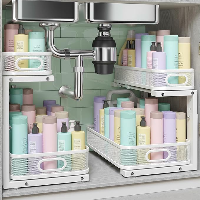 2 Pack Under Sink Organizer, Dual-Layer Pull Out Mesh Cabinet Rack - Image 9