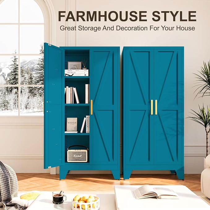 61H Metal Storage Cabinet with 2 Doors and Adjustable Shelves, Farmhouse - Image 5