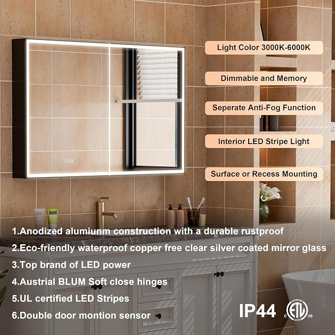 WELLFOR 48" X 30" LED Mirrored Medicine Cabinet, Medicine Cabinets - Image 7