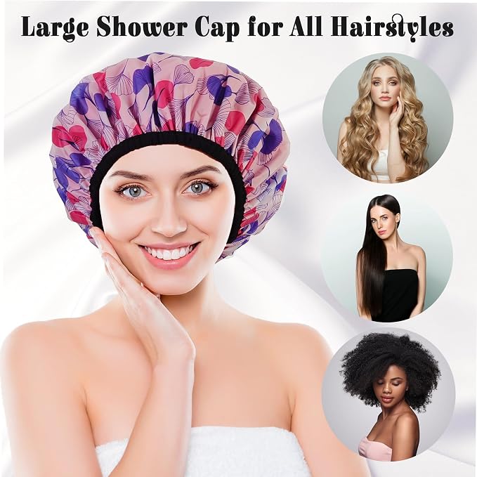 Shower Cap for Women, Shower Caps Reusable Waterproof, Large Plastic Satin - Image 4
