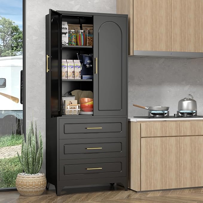 Pantry Kitchen Cabinet with Drawer, Metal Storage Cabinets with Doors and - Image 2