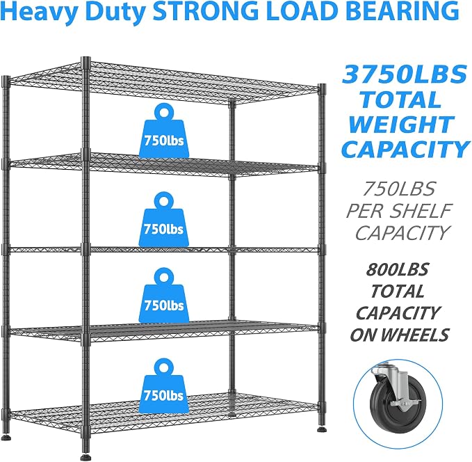 Homdox Heavy Duty Storage Shelves, 5 Tier Wire Shelving Unit - Image 4