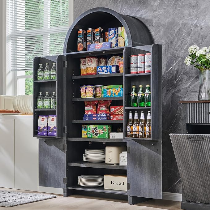 71" Tall Arched Kitchen Pantry, Modern Fluted Wood Storage Cabinet - Image 3