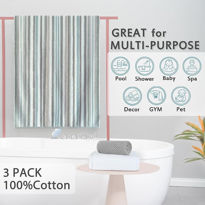VOOVA & MOVAS 3PCS Bathroom Towels, 100% Cotton, Quick Dry, Bathroom Essentials - Image 4