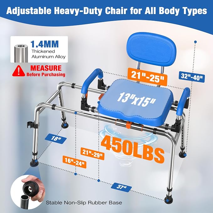 Sliding Shower Chair with Wide 360° Swivel Seat, 450lbs Tub Transfer Bench - Image 4