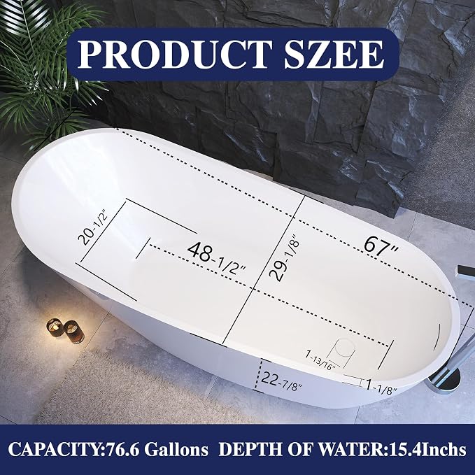 67" Acrylic Free Standing Tub, Stand Alone Tub, Freestanding Bathtub, Soaking - Image 3