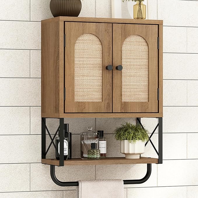 RUSTOWN Rattan Bathroom Wall Cabinet, Boho Over The Toilet Storage Cabinet by RUSTOWN