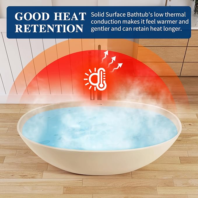 Stone Resin Freestanding Bathtub 65", Elegant Oval Shape Soaking Tub, Solid - Image 8