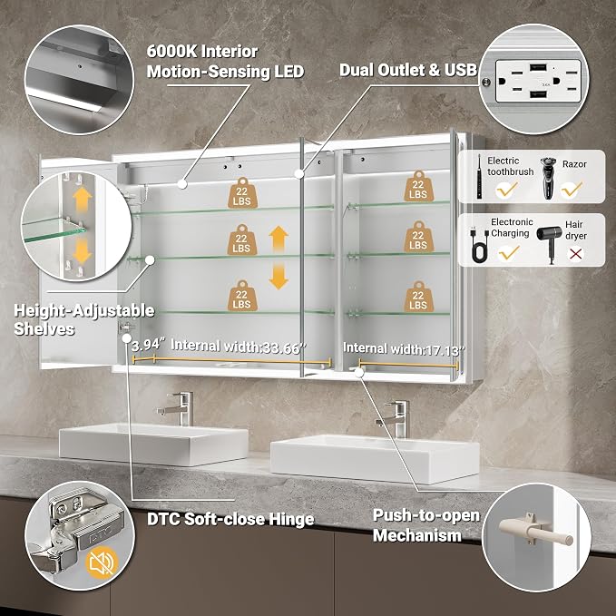 54x30 Beveled Lighted Medicine Cabinet - Image 7