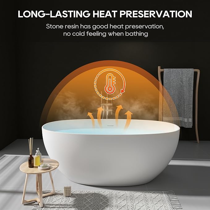 SJ STAR&JANE 59" Freestanding Solid Surface Bathtub, Oval Stone Resin Soaking - Image 3