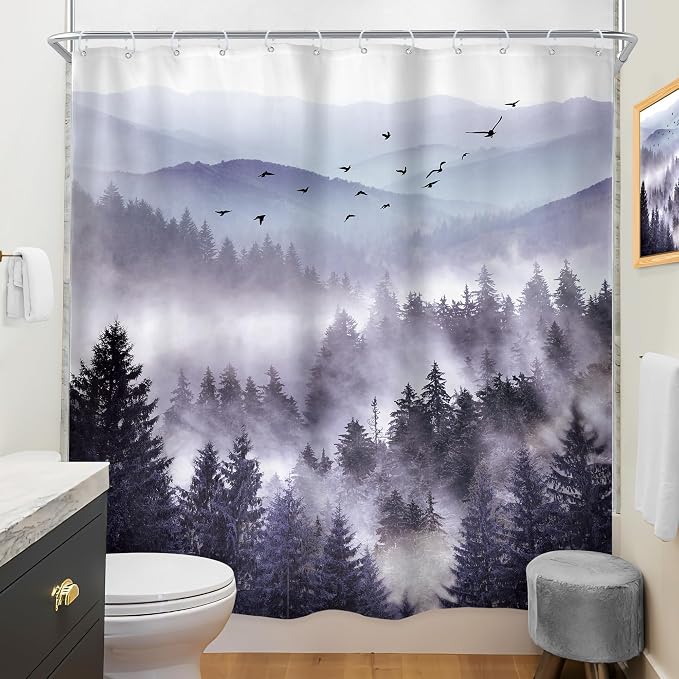 Riyidecor Purple Mountain Shower Curtain 72Wx84H Inch Extra Long Woodland - Image 4