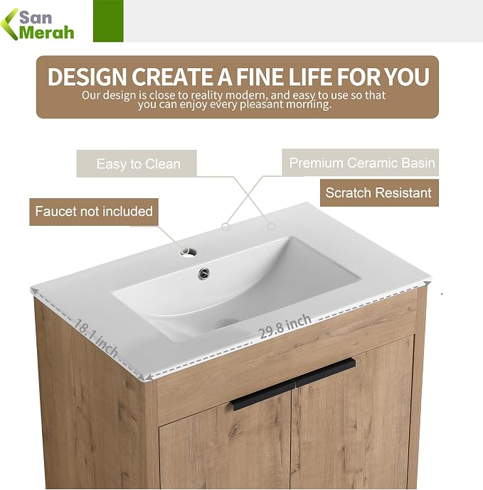 30 inch Bathroom Vanity with Sink, Bathroom Cabinet W/Single Ceramic Sink - Image 5