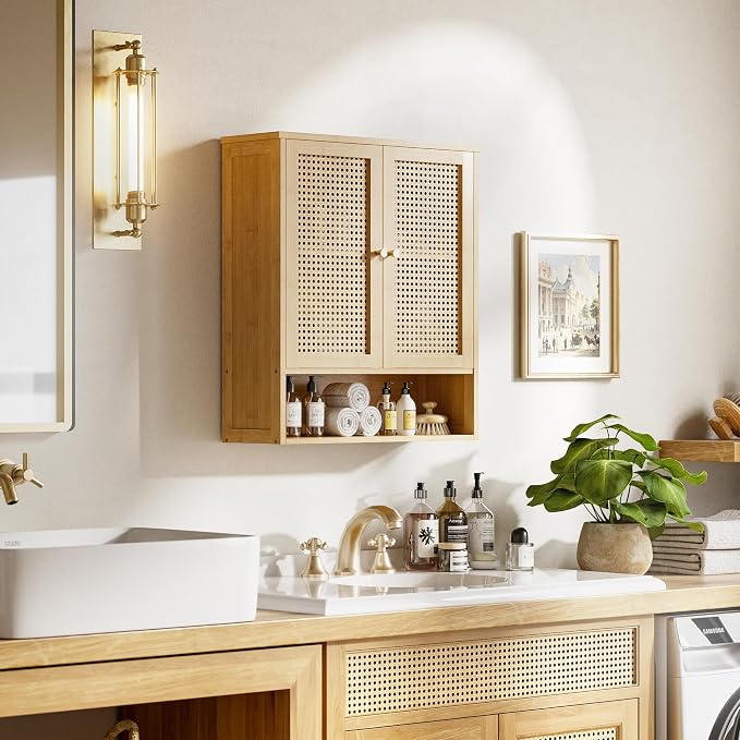 HITNET Bathroom Cabinet Wall Mounted, Rattan Medicine Cabinet, Bamboo Hanging - Image 2