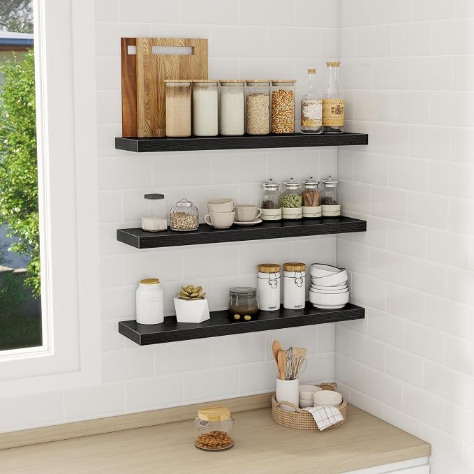 Fun Memories 30 Inch Floating Shelves Set of 3, Farmhouse Black Wall Shelves - Image 2