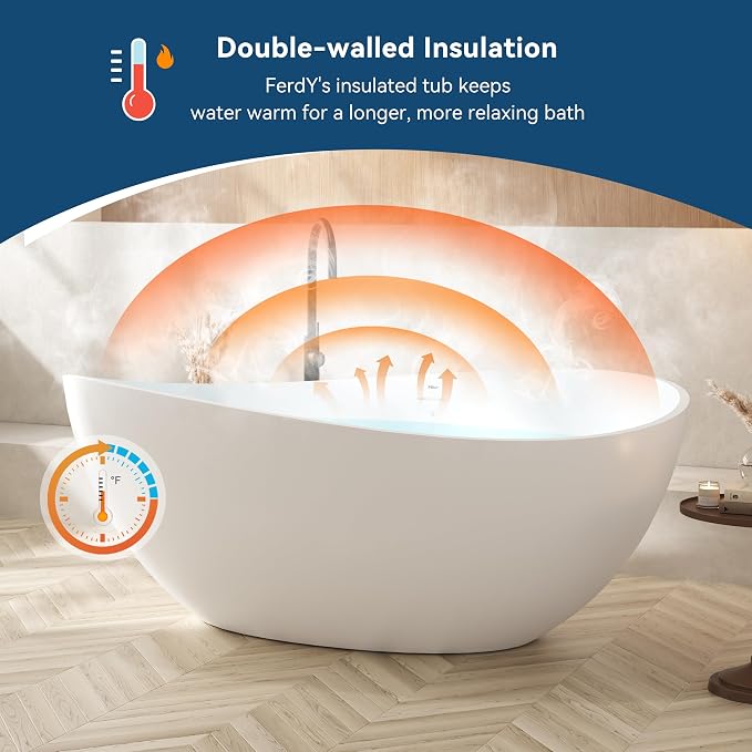 FerdY Lamu 63" Stone Resin Freestanding Bathtub, Gracefully Shaped Freestanding - Image 3