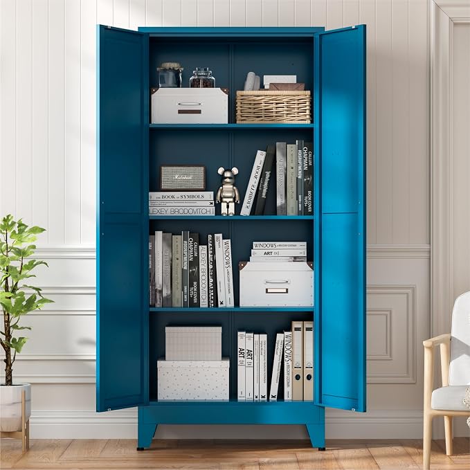 Blue Metal Kitchen Pantry Cabinet, Rustic Freestanding Cupboard - Image 6