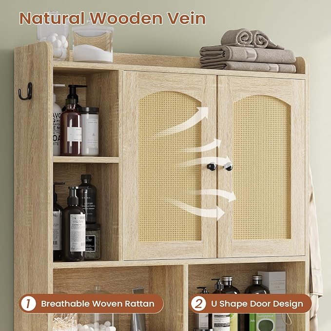 Itaar Over The Toilet Storage Cabinet, Farmhouse Rattan Bathroom Cabinet - Image 6