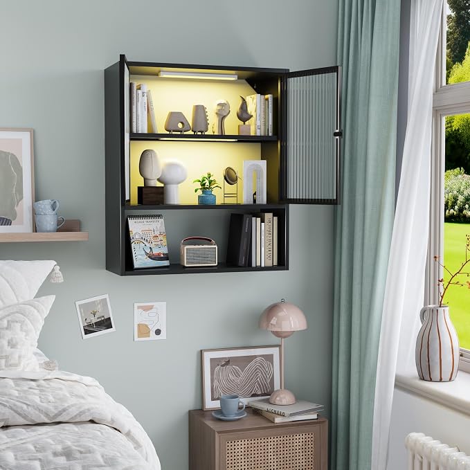 Metal Wall Cabinet with Glass Doors & LED Lights, Wall-Mounted Over-The-Toilet - Image 6