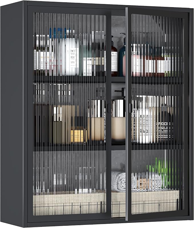 Bathroom Wall Cabinet with Glass Doors, Metal Medicine Cabinet with LED Light by VASAAOSD